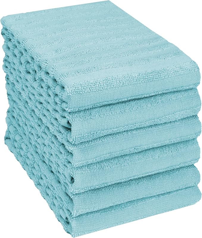 Premium Kitchen Towels (20”x 28”, 6 Pack) | Large Cotton Dish Towels 450 GSM | Highly Absorbent Terry Kitchen Linen Set with Hanging Loop | Aqua Solid