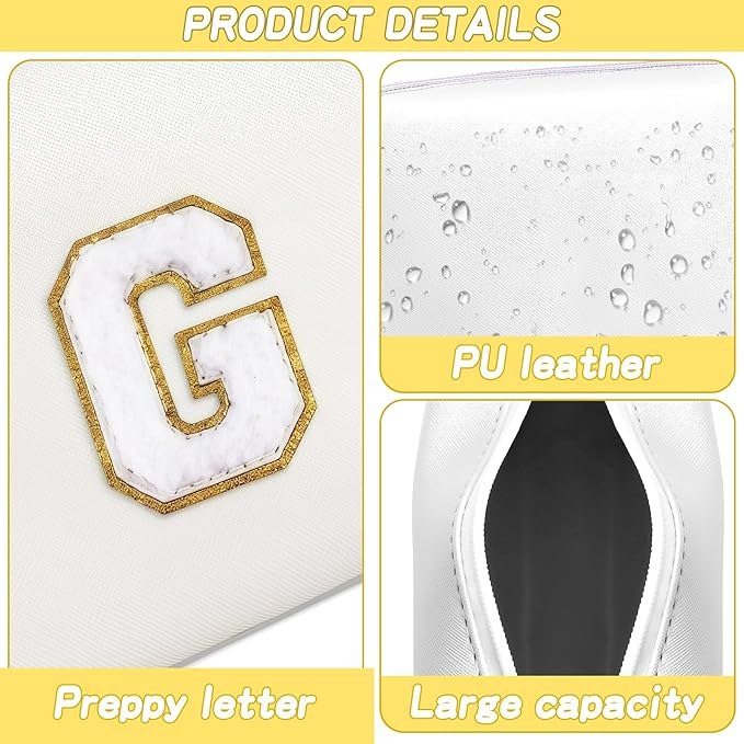 Gifts for Girls Initial Makeup Bag Personalized Cosmetic Bag with Zipper Cute Travel Toiletry Bags Waterproof PU Preppy Makeup Pouch Birthday Gift for Teen Girls Women(White G)
