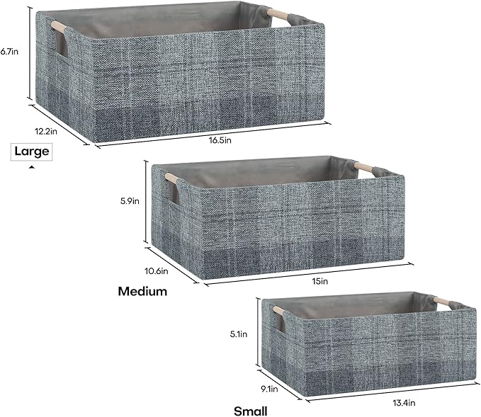Fabric Storage Bin Box Collapsible Cotton Linen Storage Cube with Wooden Handles Rectangular Decorative Home Organizer Clothes Blanket Basket– Dark Gray Plaid, Large