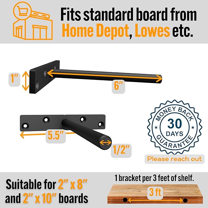 EVALD Heavy Duty Floating Shelf Bracket | 6-Inch Floating Mantel Mount, Blind Shelf Supports, and Anchors | Floating Shelf Hardware for Home and Office Decor | Fireplace Mantel Brackets (6 Pack)