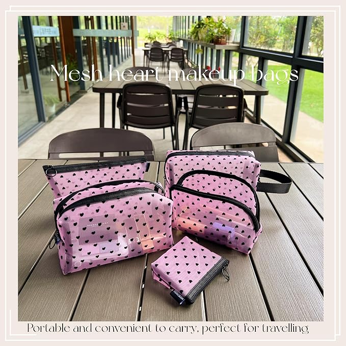 5 Pieces Mesh Heart Makeup Bags Sets, Zipper Mesh Cosmetic Bag Toiletry Bag, Travel Makeup Bags for Women, Small Items Storage Organizer Bags for Home Office Travel (Pink)