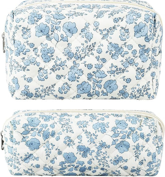 2Pcs Floral Makeup Bag for Women Cotton Quilted Small Coquette Cosmetic Bag Cute Zipper Blue Flower Makeup Pouch Aesthetic Portable Pencil Case Travel Toiletry Bag Trendy Cloth Skincare Bag