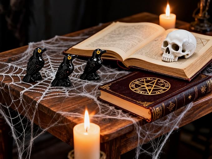 100 Pcs Halloween Miniature Crows Ravens Decor Mini Resin Crows Black Bird Figurines for Halloween Gothic Decor, Home Tabletop Shelf Centerpieces, Party Favors Gift,with Storage Box