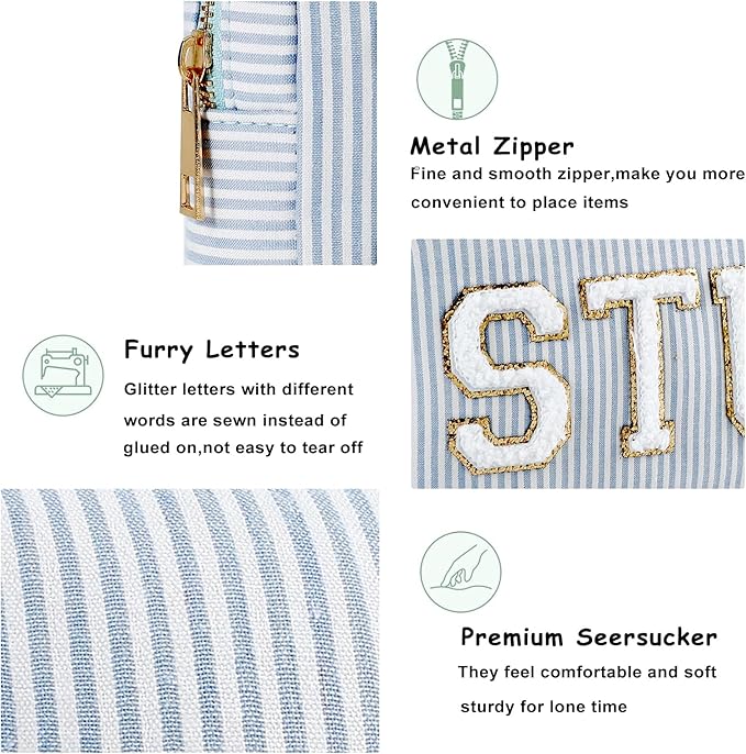 uekeboag Seersucker Chenille Letter Stuff Meds RX Makeup Bag, Travel Washable Purse Organizer with Zipper, Lightweight Toiletry Cute Personalized Preppy Cosmetic Bag For Women and Girls(01Blue Stuff)