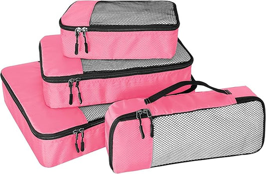 4-Piece Packing Cubes Travel Accessories Set for Suitcases - Luggage Organizer Bags with Double Zipper - Mesh Top - Small/Medium/Large/Slim - Pink