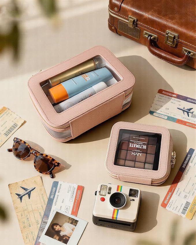 Clear Makeup Bag Set, Small Portable Clear Makeup Bag Cute Waterproof Travel Cosmetic Bag Makeup Pouch TSA Approved Toiletry Bag Women Traveling Car Organizer Car Essentials (Pink, Standard + Mini)