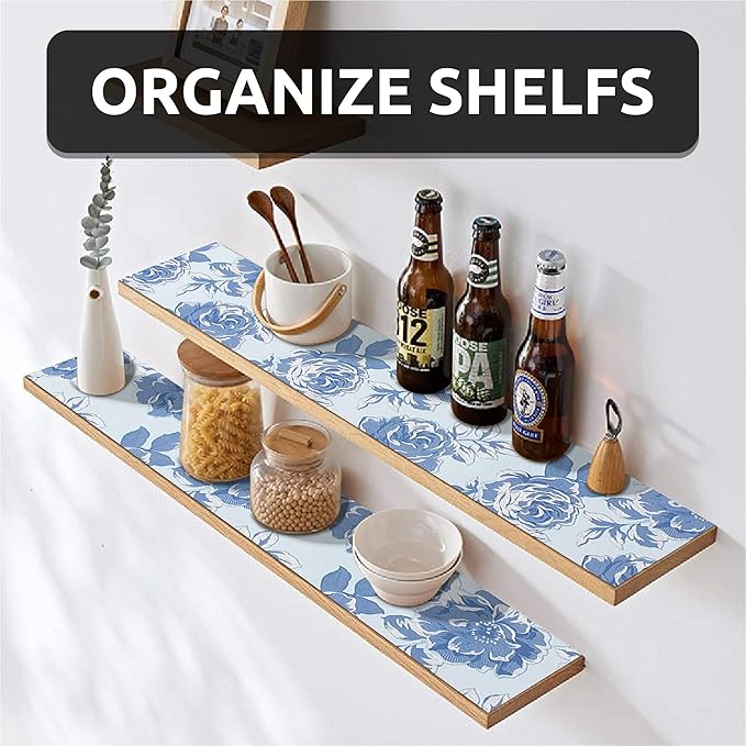 FIFTY FEET 18X96 Inch Shelf Liner for Kitchen Cabinets, PVC Drawer Liner for Dresser Non-Slip Bathroom, Non-Adhesive Cabinet Liner Washable (Blue Flower)(3 Roll)