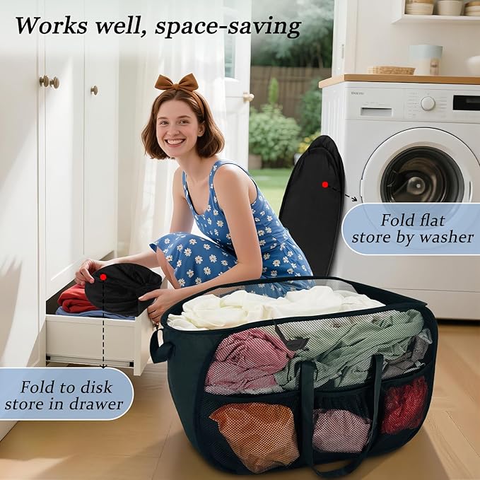 100L Extra Large Mesh Pop Up Hamper with Handles and bag, Upgraded Cationic XL Collapsible Laundry Baskets, Portable Stair Basket, Dirty Clothes Hamper for Cruise Travel Bedroom. Black