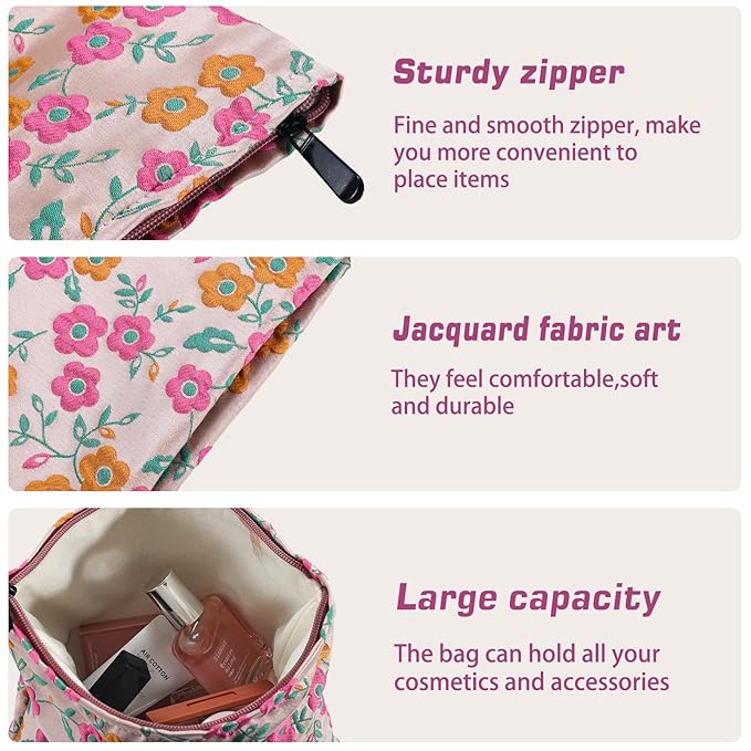 ZLFSRQ Daisy Flower Makeup Bag Travel Cute Floral Cosmetic Bags for Women Large Toiletry Pouch Zipper Cosmetic Pouch for Purse Aesthetic Makeup Organizer Bag Portable Toiletry Bags (Orange and Pink)