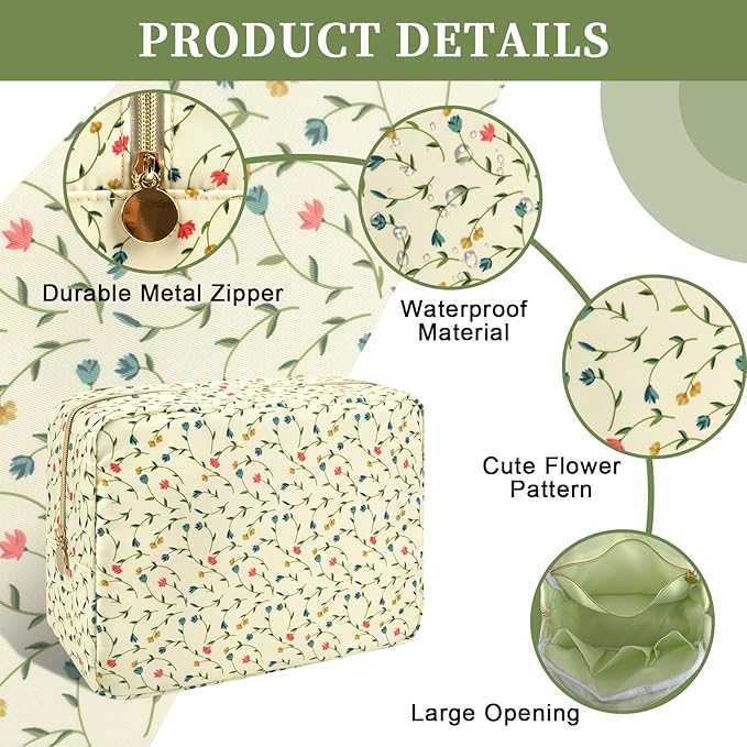 Waterproof Nylon Large Makeup Bag Travel Pouch, Floral Preppy Big Cosmetic Bag Make Up Organizer Toiletry Bag with Zipper, Large Capacity Cute Zipper Pouch Storage Bag for Women Girls(Vine Flower)