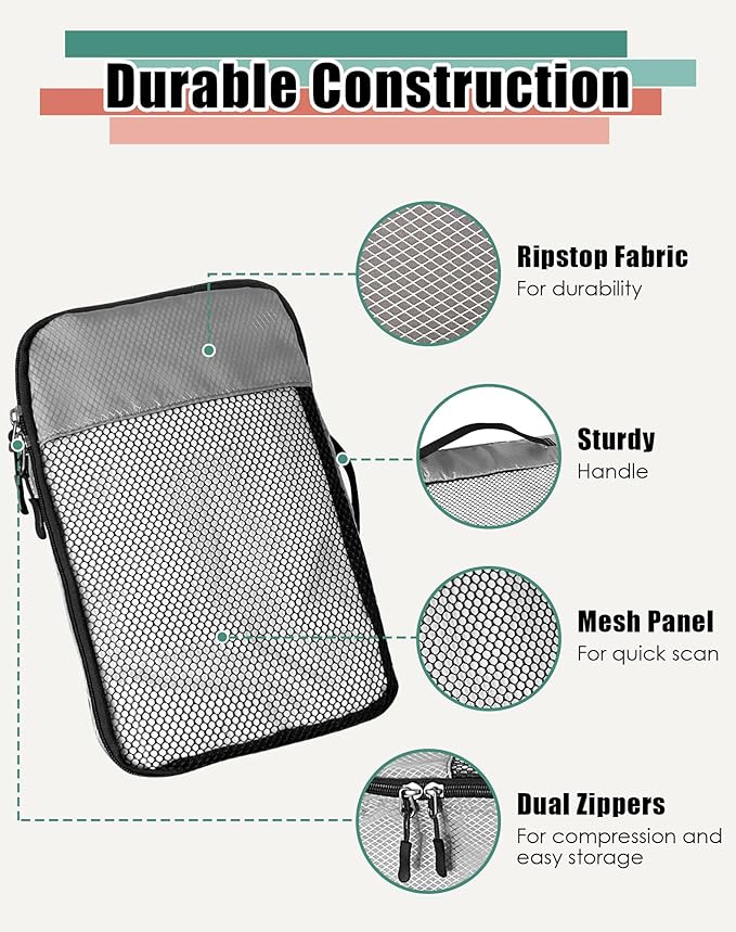 4-Piece Packing Cubes Travel Accessories Set for Suitcases - Luggage Organizer Bags with Double Zipper - Mesh Top - Small/Medium/Large/Slim - Grey