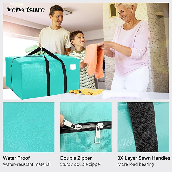 VELVETSURE 12 Pack Heavy Duty Large Moving Bags W/Backpack Straps - Strong Handles & Zippers, Storage Totes For Space Saving, Fold Flat, Alternative to Moving Box and Storage Bin, Aquamarine