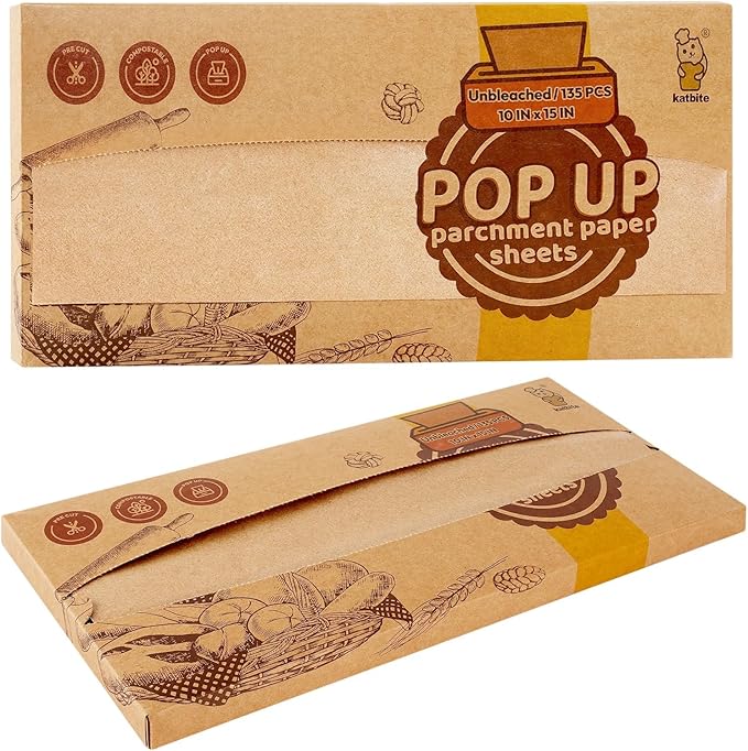 katbite 135Pcs 45 gsm Pop-Up Parchment Paper Sheets, Heavy Duty & Non-stick,10x15 In Pre-cut Unbleached Parchment Paper for Baking, Pop-Up Paper Dispenser for Cooking Wrapping Space-saving
