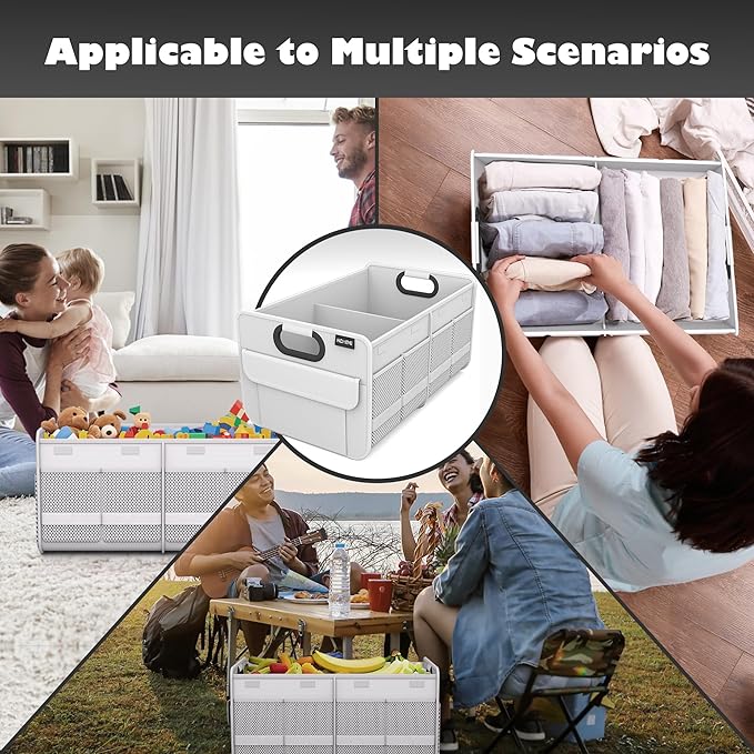 Homeve Trunk Organizer, Car Storage, Reinforced Handles, Collapsible Multi-Compartment Car Organizers, Foldable, Waterproof, 2 Compartments, Suitable for Car Accessories, SUV (White, Standard)