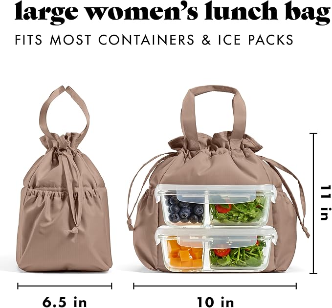 Fit & Fresh Cromwell Drawstring Lunch Bag for Women, Complete Lunch Set with 2 Containers, Stain-Resistant, Leak-Resistant, Back to School Essential, Teacher Lunchbox, Taupe