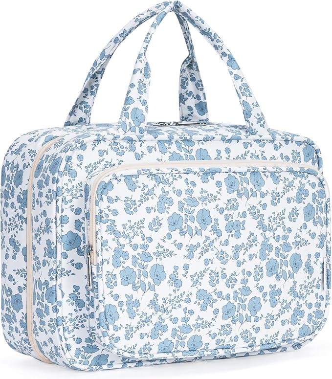 Narwey Travel Toiletry Bag for Women Large Hanging Makeup Bag Organizer Toiletries Bag for Full Size Essentials Accessories Cosmetics (Little Blue Flower (Large))