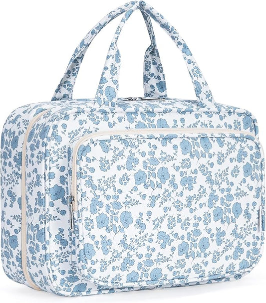 Narwey Travel Toiletry Bag for Women Large Hanging Makeup Bag Organizer Toiletries Bag for Full Size Essentials Accessories Cosmetics (Little Blue Flower (Large))