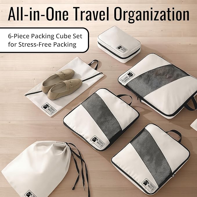 Compression Packing Cubes for Travel – 6-Piece Luggage Organizer Set with Double Zipper Compression, Shoe Bag, Laundry Pouch & Toiletry Bag – Lightweight Carry-On & Suitcase Organizers