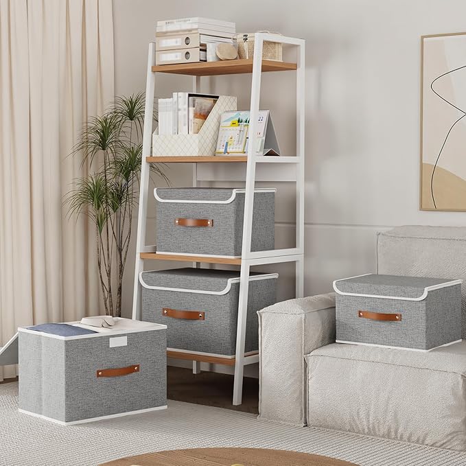 Yawinhe Storage Bins with Lids, Closet Baskets, Washable and Leather Handle, Collapsible Boxes for Home, Grey, 17.7''Lx11.8''Wx11.8''H, 7-Pack, USNK024GX-7