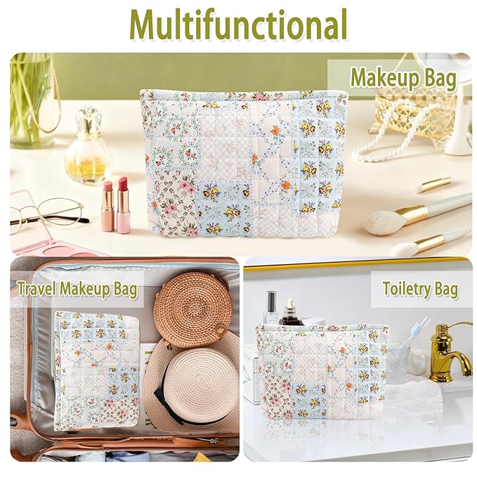ZLFSRQ Cotton Quilted Makeup Bag for Women Floral Makeup Bag Cute Cosmetic Bags Large Travel Toiletry Bags Zipper Cosmetic Pouch for Purse Gift Portable Aesthetic Skincare Storage Organizer Pouches