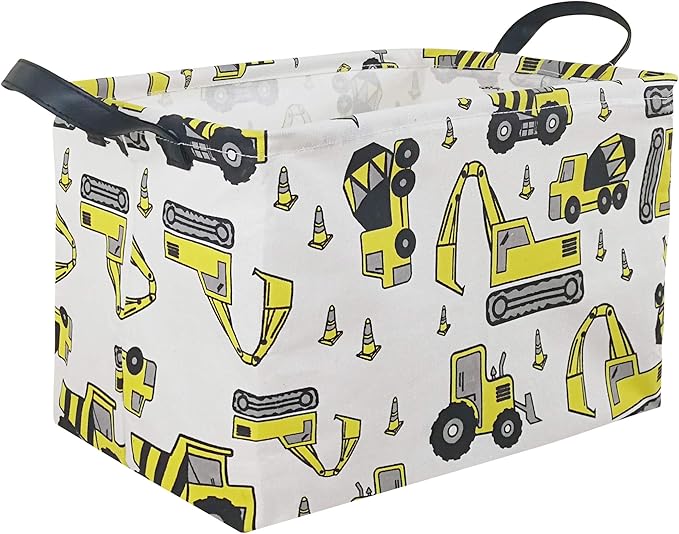 KUNRO Rectangle Yellow Storage Basket Gift Shelf Basket Storage Bin, Nursery Basket Organizer Box for With Handles for Room Deco (Excavator)