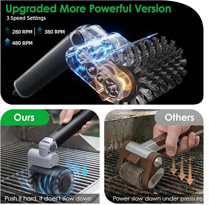 Electric Grill Brush for Outdoor: Upgraded BBQ Grill Cleaner with 3-Speed, 90° Adjustable Angle, 150Mins Runtime Cordless Motorized Grill Brush, Automatic Grill Cleaning Brush for Grill Grates