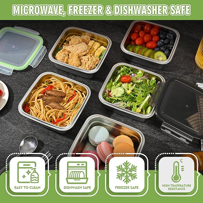 4 Pack 24oz Stainless Steel Sandwich Containers with Airtight Leak-Proof Lids, Reusable Metal Lunch Boxes for Meal Prep, Bento, Snack, Travel & Family, BPA-Free Dishwasher Safe (Green, Black)