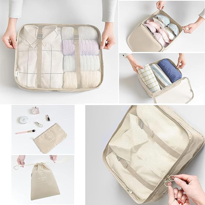6 Set Packing Cubes for Travel, Luggage Organizers with Shoe & Toiletry Bags, Lightweight Suitcase Organizer for Carry-On, Washable Laundry Bags (Beige)