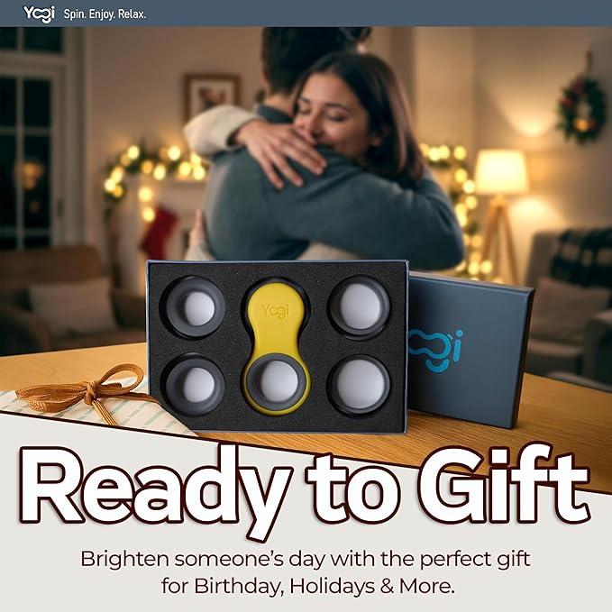 Yogi Fidget Toy – Silent Sensory Spinner for Adults & Kids – Stress Relief Fidgets for ADHD, Anxiety – Fidget Toys for Adults – Includes 5 Finger-Fit Rings – Work, School & Travel – Amber