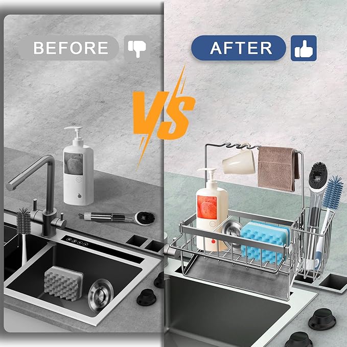 Yazoni Sponge Holder for Kitchen Sink, Rustproof Kitchen Sink Organizer Countertop Holder with High Brush Holder, Multifunctional Soap Dispenser Organizers and Storage Essentials