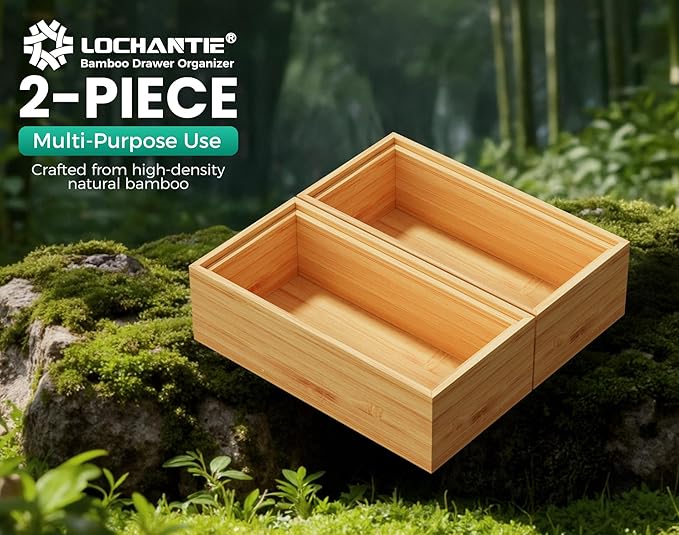 Small Bamboo Kitchen Drawer Organizer Boxes – 6" x 3" Stackable Wood Silverware Utensil Tray for Drawers Bins Cutlery & Flatware Storage – Wooden Organizers Set of 2 for Junk Drawer, Bathroom, Rv