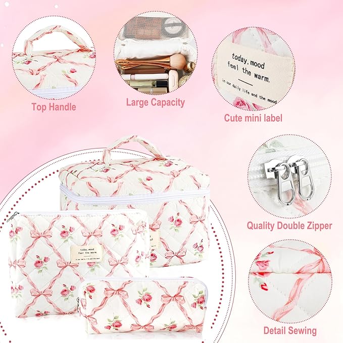 3Pcs Makeup Bag Quilted Cosmetic Bag Set Bow Travel Large Makeup Pouch for Women Cute Portable Cotton Toiletry Bag Skincare Organizer Coquette Vintage Travel Essential