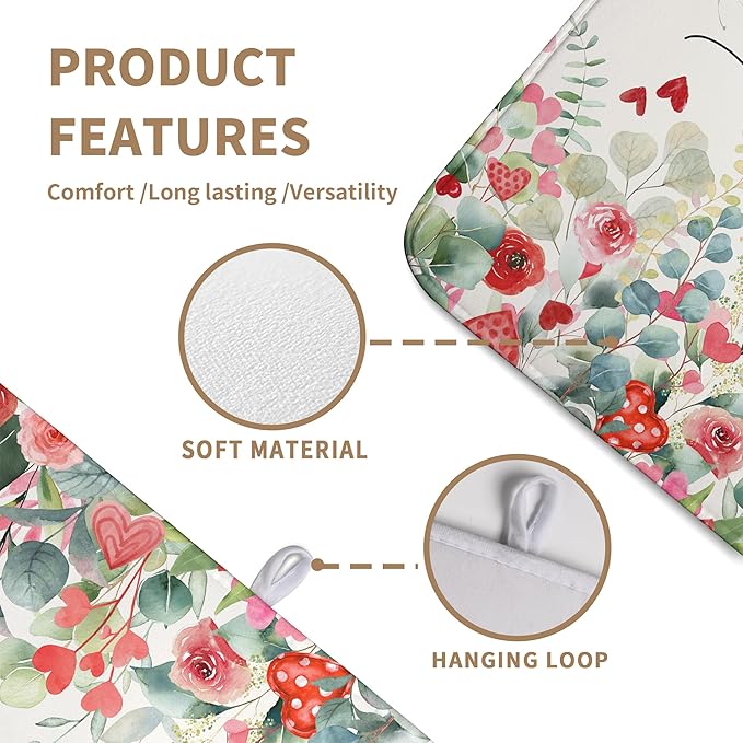 Valentines Day Love Heart Rose Eucalyptus Leaves Dish Drying Mat for Kitchen Counter 18x24 Inch Spring Valentine Microfiber Absorbent Dish Drainer Mats Reversible Drying Pad
