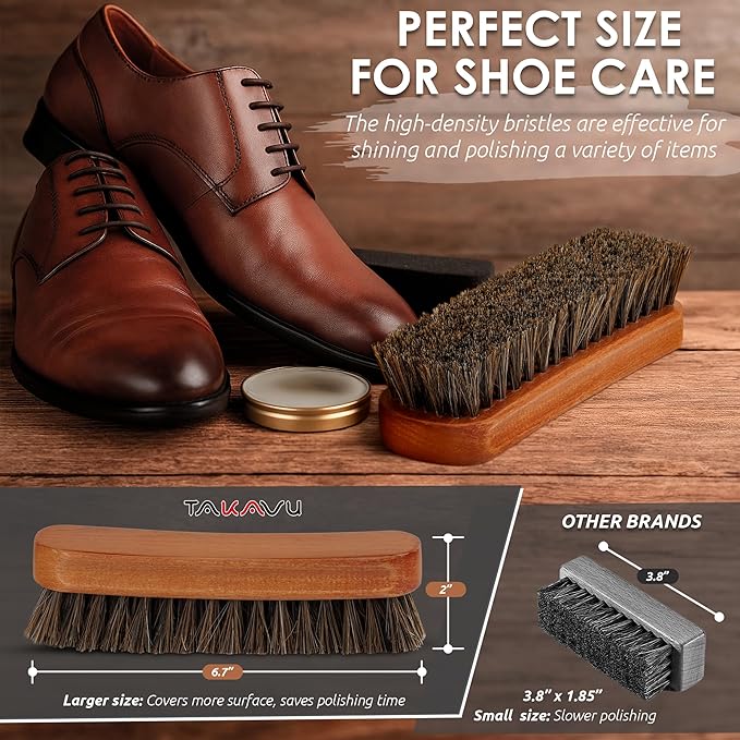 6.7" Horsehair Shoe Shine Brush Set of 2-100% Soft Genuine Horse Hair Bristles - Unique Concave Design Wood Handle - Comfortable Grip, Anti Slip - for Boots, Shoes & Other Leather Care