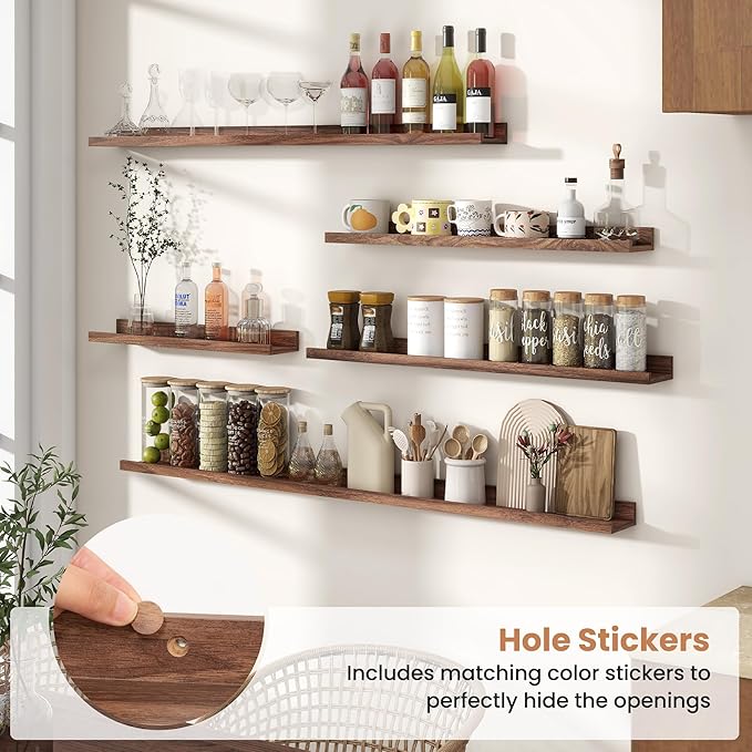 Fun Memories Picture Ledge Shelves Set of 2, 48 Inch Rustic Wall Mounted Floating Shelves with Lip for Home Storage and Décor in Bathroom, Kitchen, Nursery, Bedroom, Living Room, Walnut