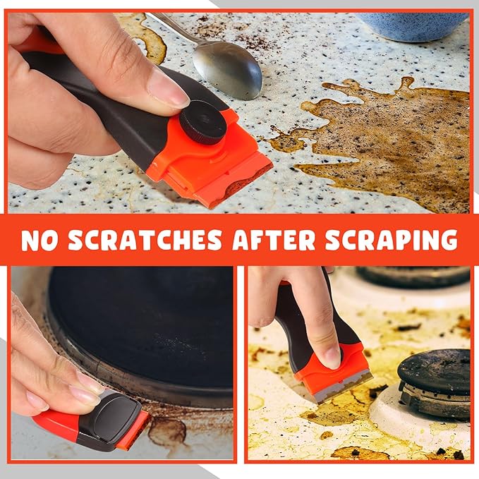 Tallew 9 Pcs Plastic Scraper Tool Sticker Plastic Razor Blade Scraper Plastic Pick Plastic Non Scratch Tool Putty Knife for Window Floor Label Removal Paint Cleaning(Orange)