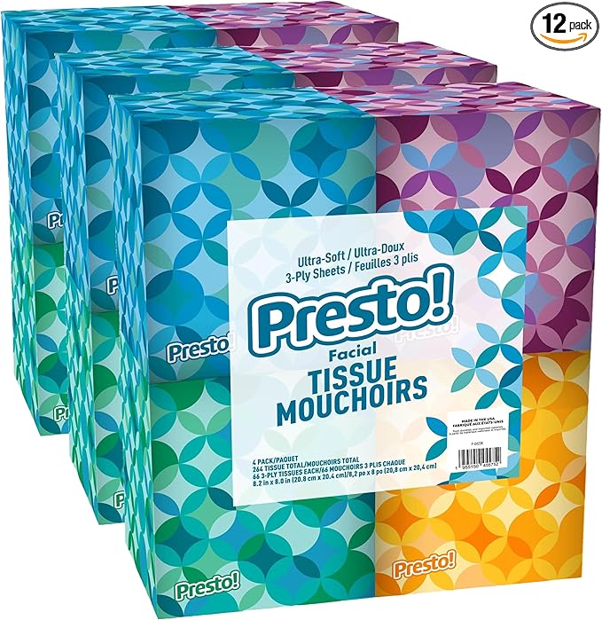 Amazon Brand - Presto! Ultra-Soft 3-Ply Premium Facial Tissues,792 Total Count,Packaging May Vary,66 Count (Pack of 12)