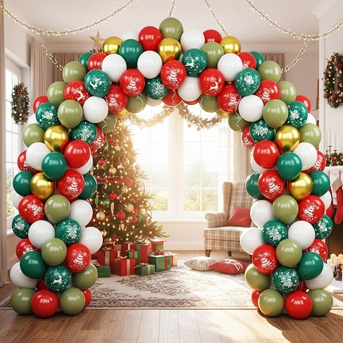 Christmas Balloons, Red Green Gold Balloons with Tree Elk Santa Claus Print Balloon, Retro Green Gold Red and White Xmas Party Balloon for Christmas Birthday New Year Winter Holiday Party Decorations