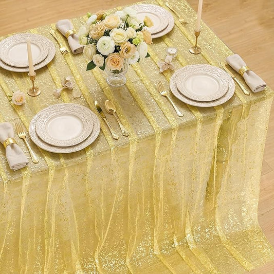 Horaldaily Yellow Gauze Tablecloth 60x120 Inch Rectangular, Golden Sequin Glitter Metallic Foil, Sheer Tulle Cheesecloth for Wedding Baby Shower Ceremony Birthday