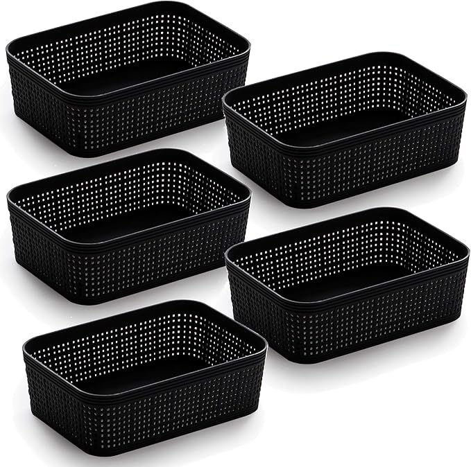 BINO | Woven Plastic Basket | XS (Black), 5-Pack | THE JUTE COLLECTION | Home Organization, Space-Saving Storage, Stylish Design | Jute Basket | Plastic Storage Basket