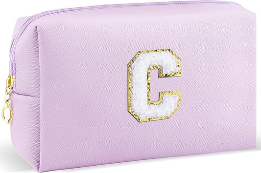 Gifts for Girls Initial Makeup Bag Personalized Cosmetic Bag with Zipper Cute Travel Toiletry Bag Waterproof PU Preppy Makeup Pouch Birthday Gift for Teen Girls Women(Purple C)