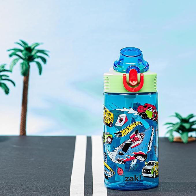 Zak Designs Mattel Hot Wheels Sage Kids Water Bottle For School or Travel, 16oz Durable Plastic Water Bottle With Straw, Handle, and Leak-Proof, Pop-Up Spout Cover (Hot Wheels)