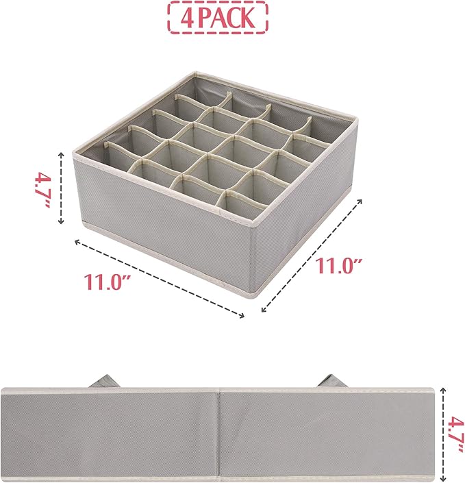 DIOMMELL Set of 4 Foldable Cloth Storage Box Closet Dresser Drawer Organizer Fabric Baskets Bins Containers Divider for Clothes Underwear Socks Lingerie Clothing, Grey 40-0000