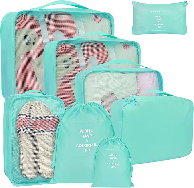 8 Set Packing Cubes for Suitcases, kingdalux Blue Travel Luggage Packing Organizers with Laundry Bag, Compression Storage Shoe Bag, Clothing Underwear Bag, for Women & Men