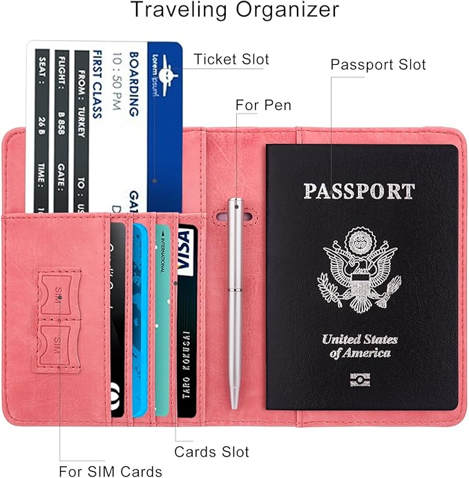WALNEW Passport Holder for Travel, RFID Passport Cover Wallet for Women Men, PU Leather Passport Book Card Holder Case with Pen, Travelling Essentials for Flying