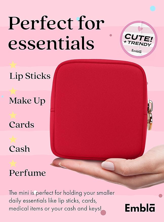 Embla Makeup Bag Travel Cosmetics Pouch and Toiletry Bag, Nylon Zipper Pouch Purse, Cute Make Up Organizer Storage Tote for Women Girls, Waterproof Travel Skincare Case, Small Makeup Bags, Ruby Red