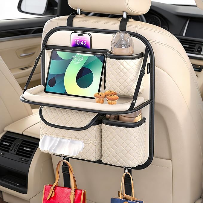 Leather Car Backseat Organizer with Foldable Table Tray - Cup/Tissue/Tablet Holder, Car Seat Back Storage Organizer, Road Trip Essentials for Adults & Kids (white)