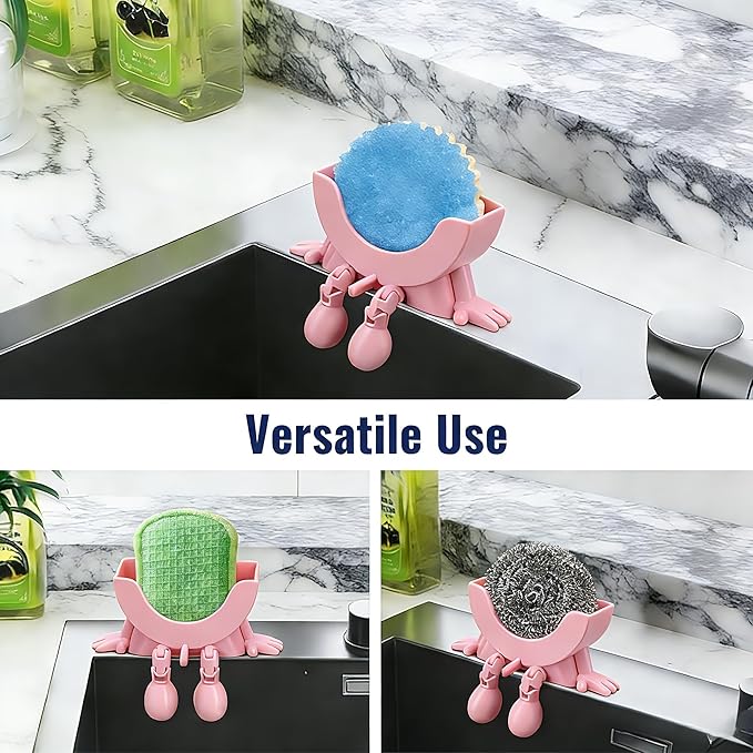 Cute Hanging Sponge Holder with Drainage, 3D Printed Kitchen Funny Sponge Stand for Sink, with Non-Slip Pads, Suitable for Scrub Daddy Holder, Keeps Your Sponge Dry and Smiling (Pink)