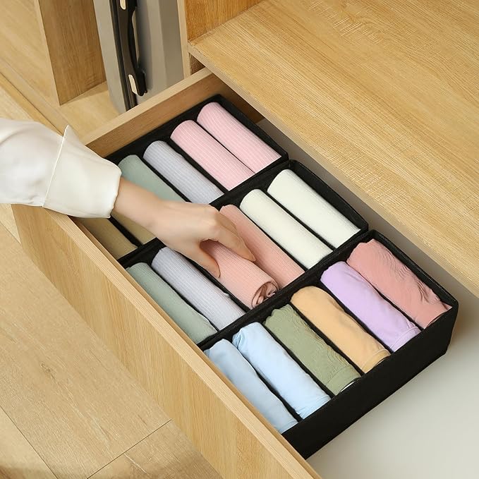 Qozary 3 Pack Sock Underwear Drawer Organizer Dividers, Non-Woven Fabric Collapsible Cabinet Closet Storage Boxes for Clothes, Socks, Lingerie, Underwear, Tie, Belt, Baby, Bedroom (Black, 6 Cells)