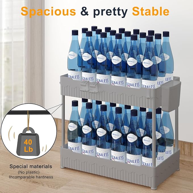 Sevenblue 2 Pack Under Sink Organizer, Under Bathroom Cabinet Organizer with Hooks Hanging Cup, Multi-Purpose Storage Shelf for Kitchen Bathroom (Gray, XL)